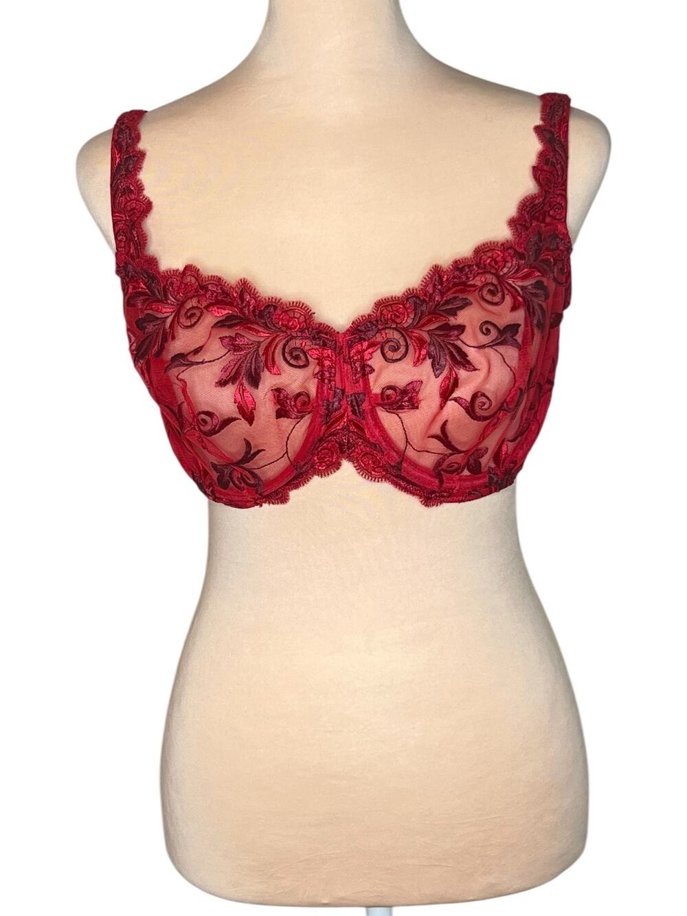 Soma Sensuous Lace 36D Unlined Bra Red Sheer Full Coverage Embroidery Romantic